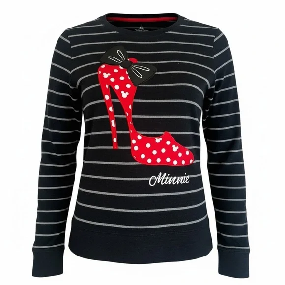 Disney Parks Minnie Mouse Red Polka Dot High Heel Striped Lightweight Sweater L - Picture 2 of 10